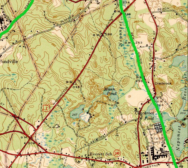 rail lines in Foxborough highlighted in lime green